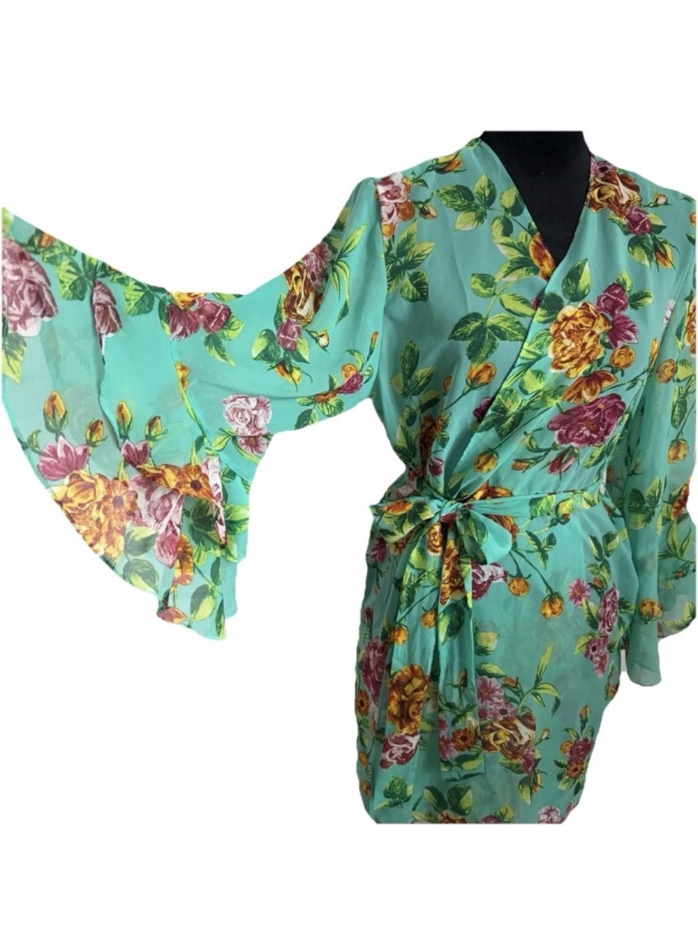 Susan Graver Womens M Floral Chiffon  Bell Sleeve Short Cover Up Kimono Robe